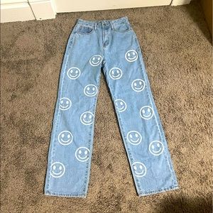 Wide Leg Smiley Face Graphic Jeans